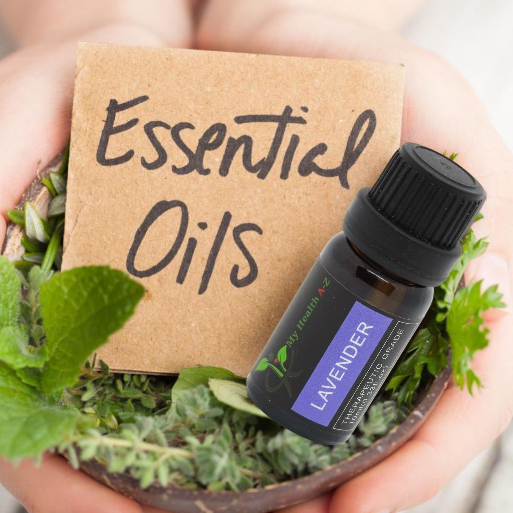 Essential oils sign with a Lavender Essential Oil bottle