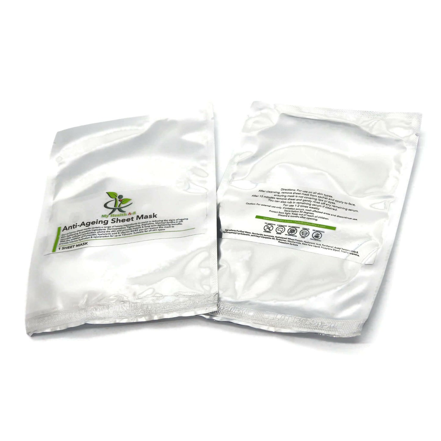 two satchels of anti-ageing sheet mask front and rear side