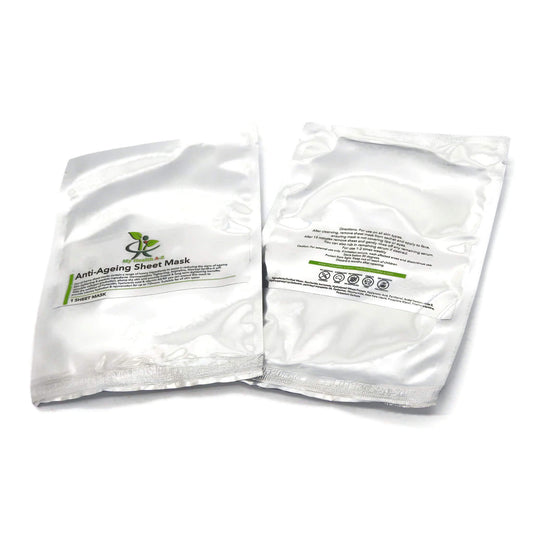 Anti-aging sheet mask packaging on a white background