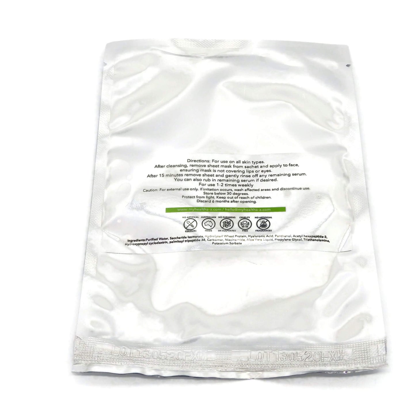 Clear sheet mask packaging with text on a white background