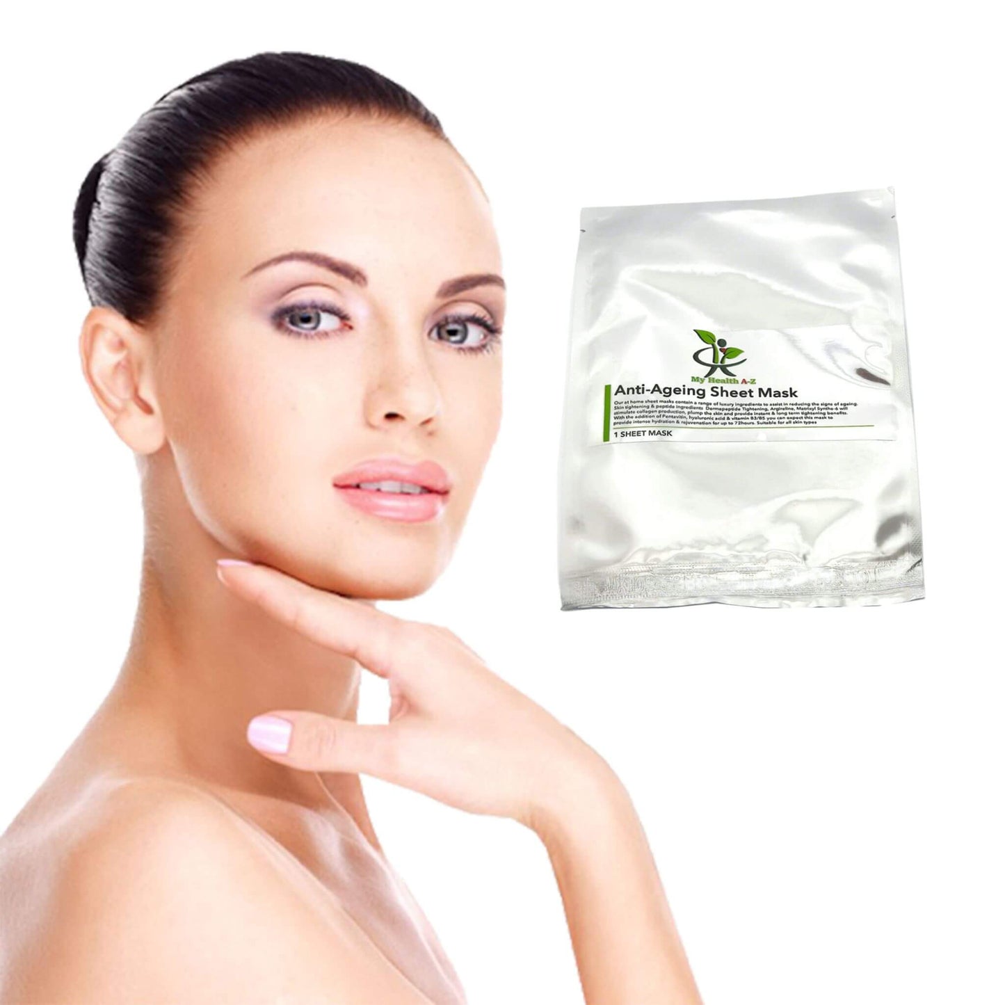 Woman with smooth skin next to an anti-aging sheet mask packaging on a white background