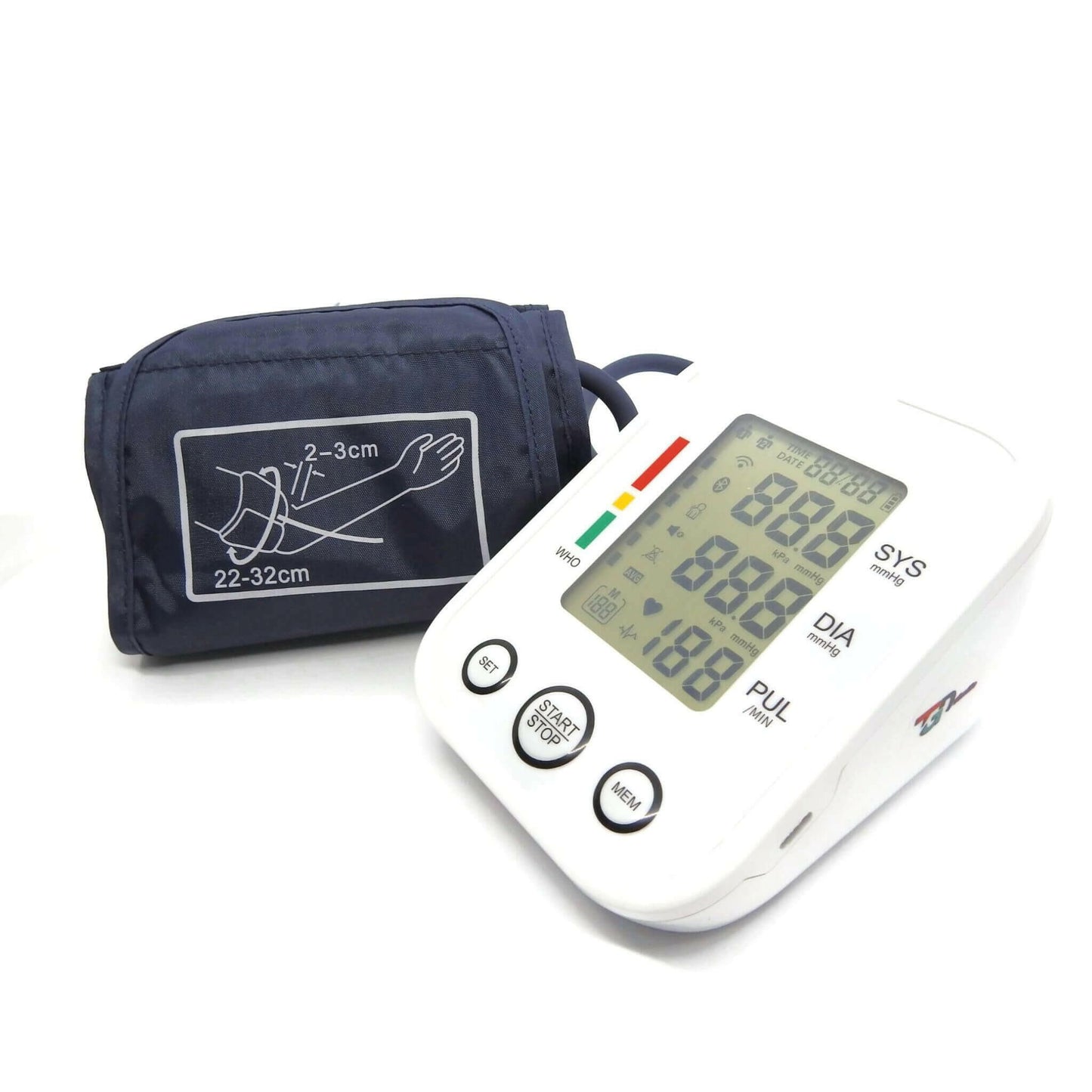 digital blood pressure monitor with rolled up sleeve on the left