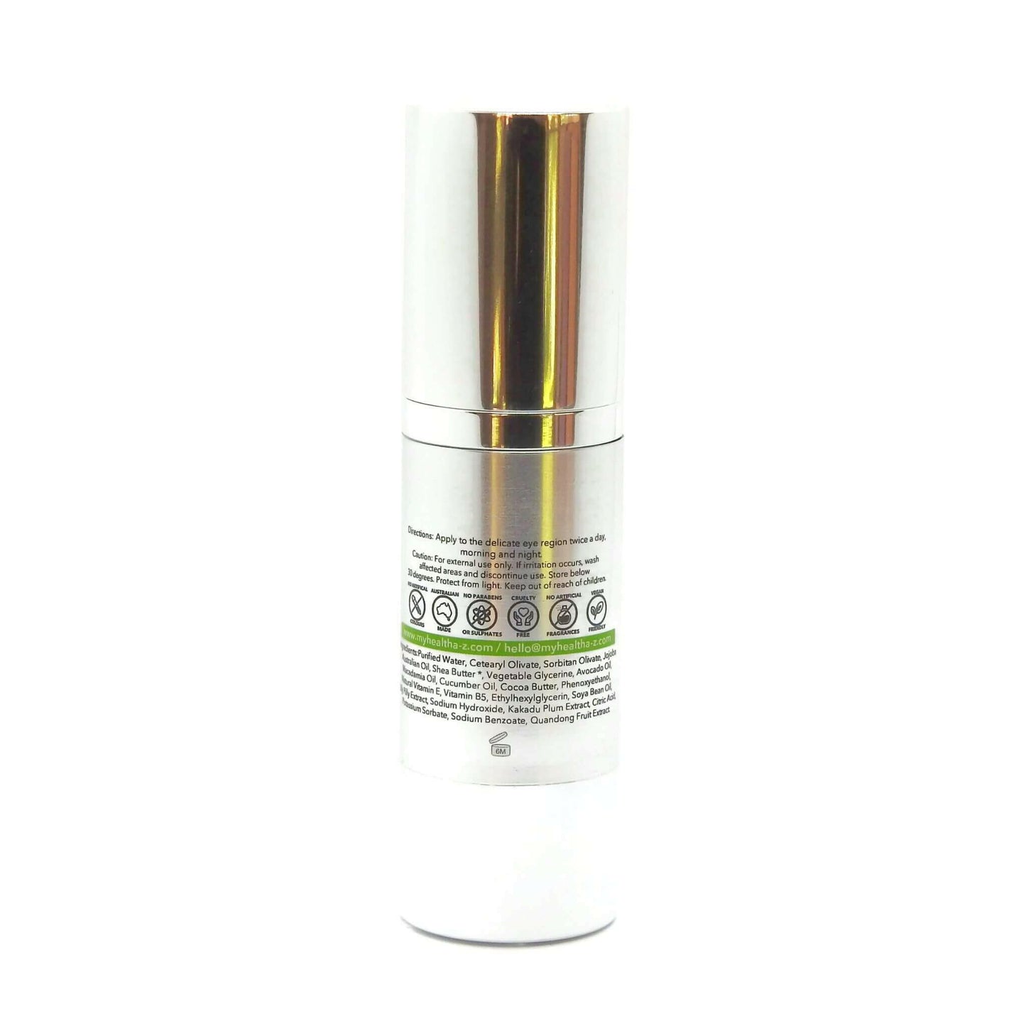 rear view of one air pump bottle of Botanical Eye Cream
