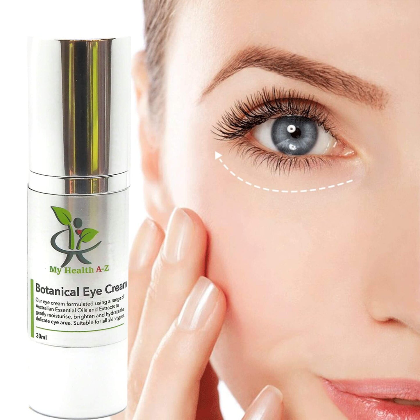 Botanical Eye Cream bottle with close-up of eye area on a white background