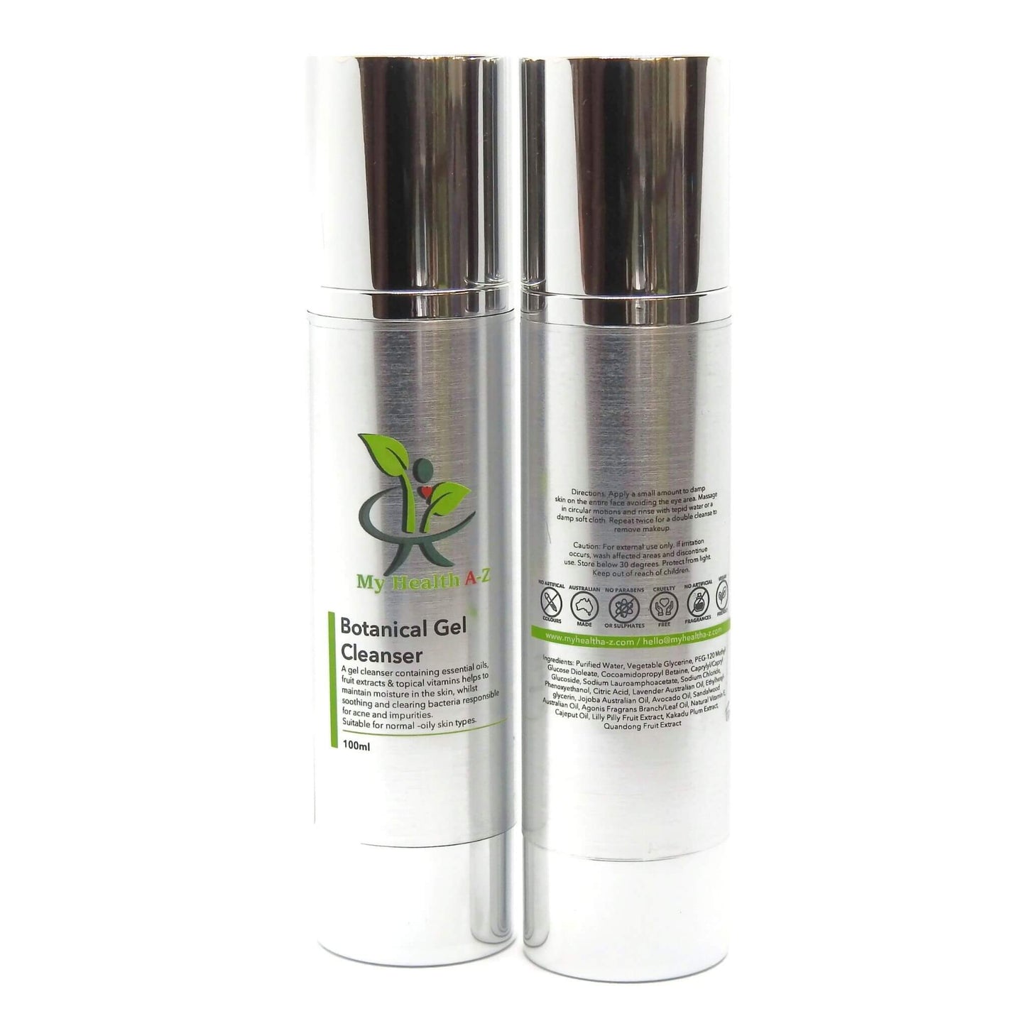 Two skincare bottles with labels on a white background
