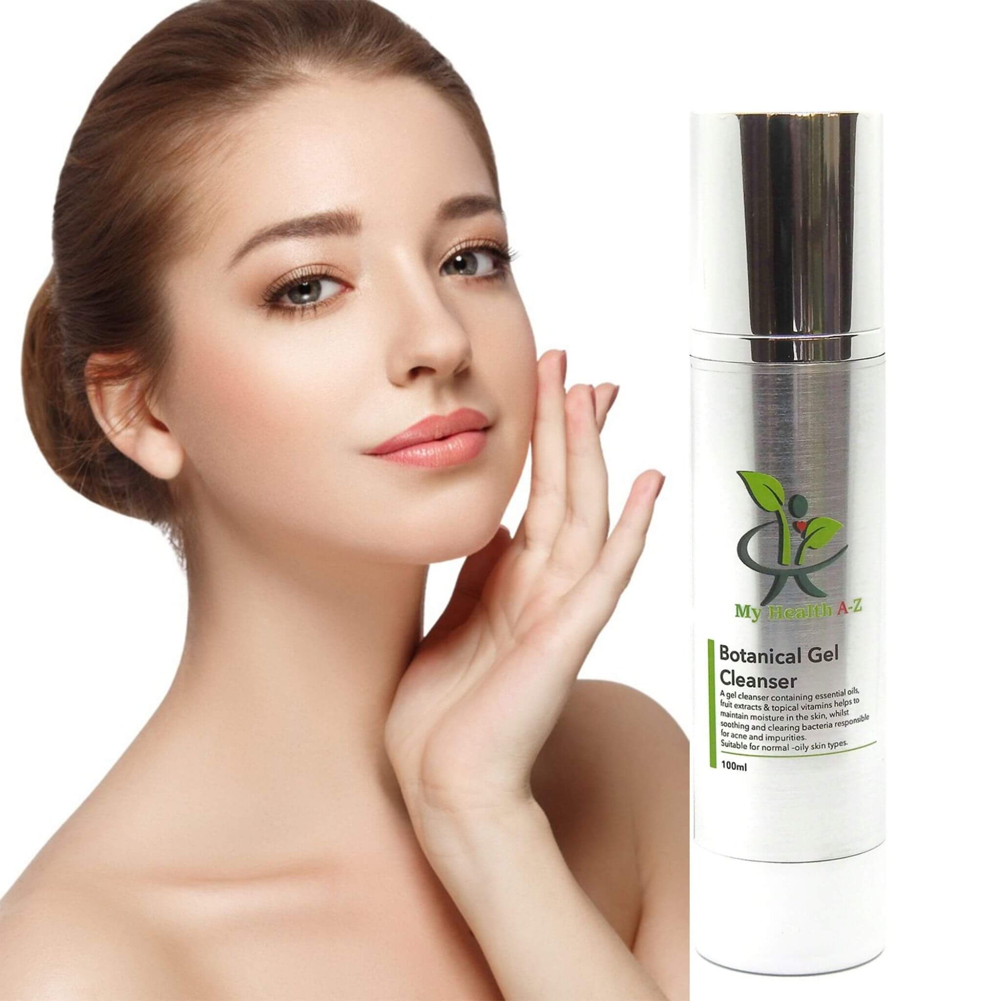 Woman touching her face with a bottle of 'My Skin A-Z Botanical Gel Cleanser' on a white background