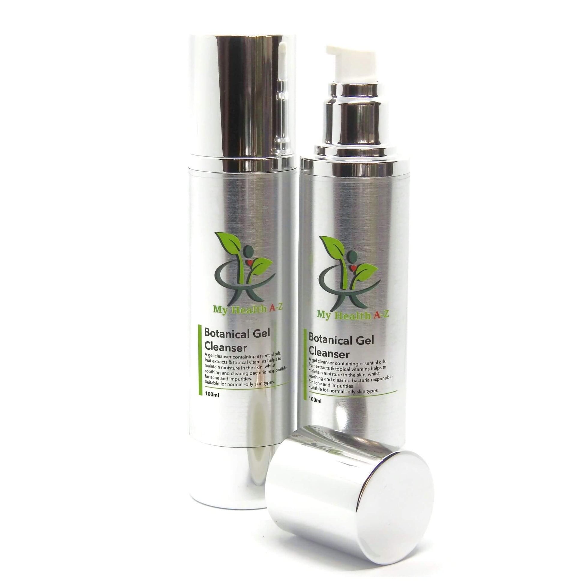 Two bottles of 'My Health A-Z' Botanical Gel Cleanser on a white background