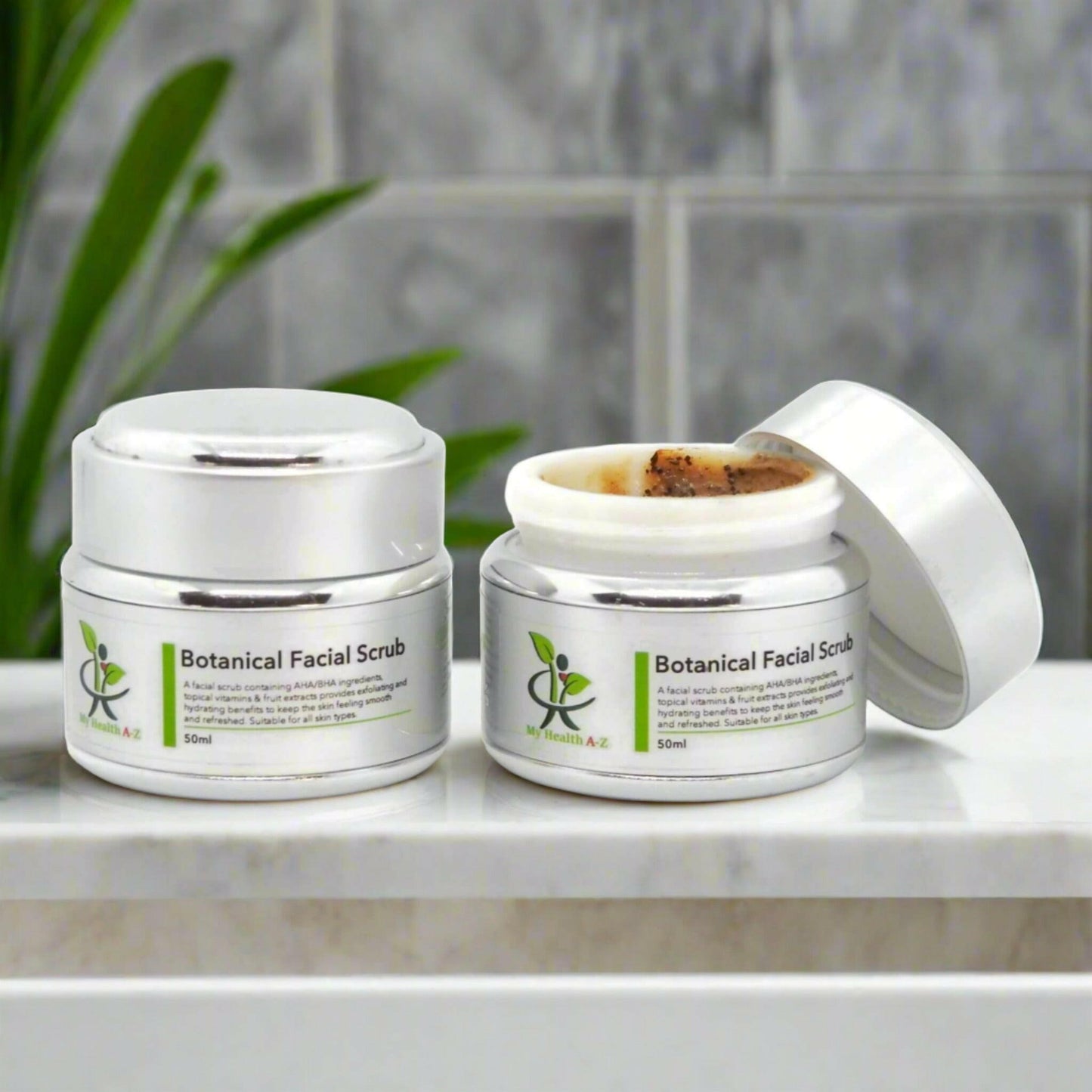 Botanical Facial Scrub one wth open lid one with closed lid