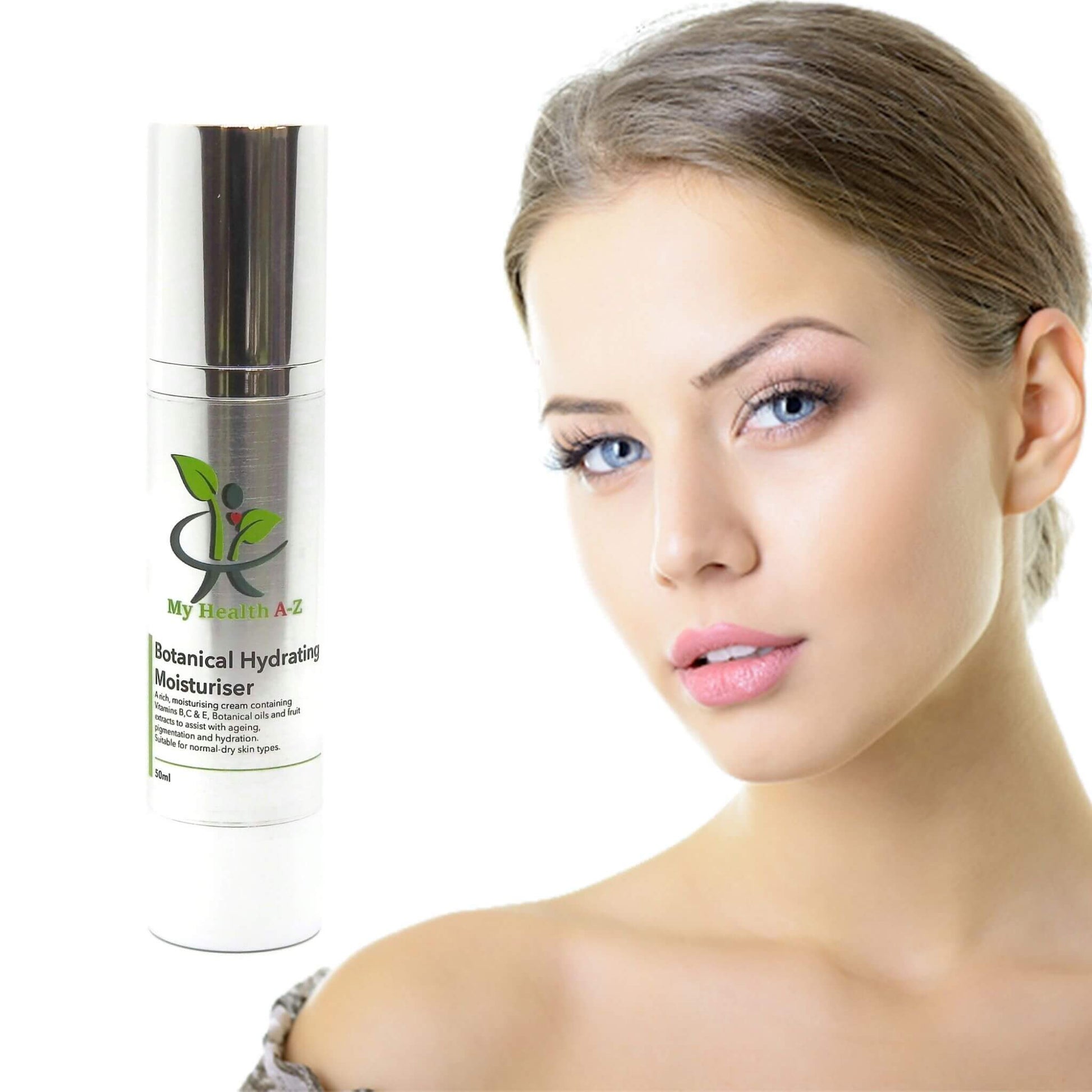 Woman with a close-up of her face and a bottle of 'My Beauty A-Z' Botanical Hydrating Moisturiser on a white background.