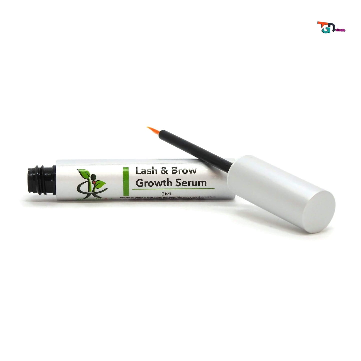 Lash and brow growth serum with applicator on a white background