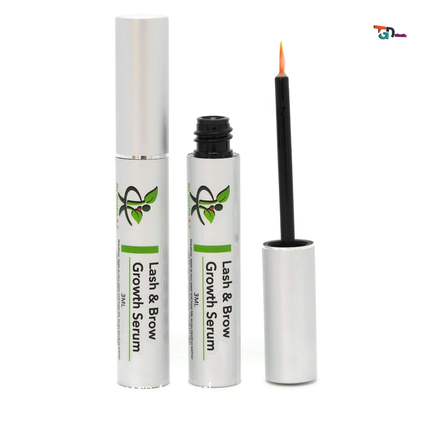 Lash and brow growth serum with applicator on a white background