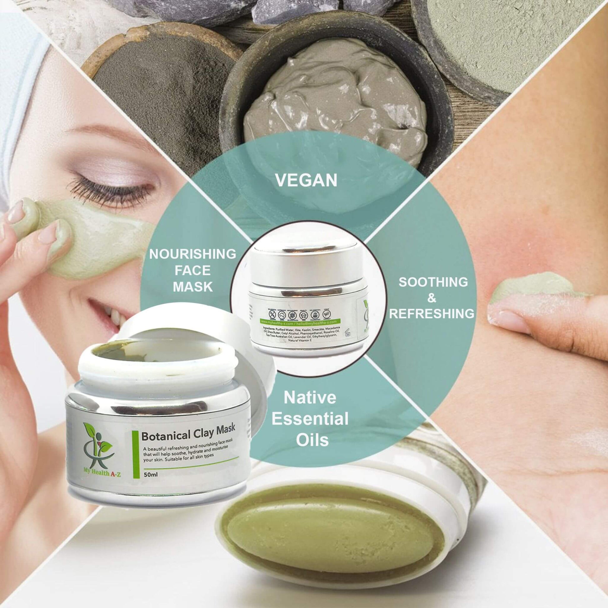 Collage of a botanical clay mask with product packaging, application on skin, and ingredients.