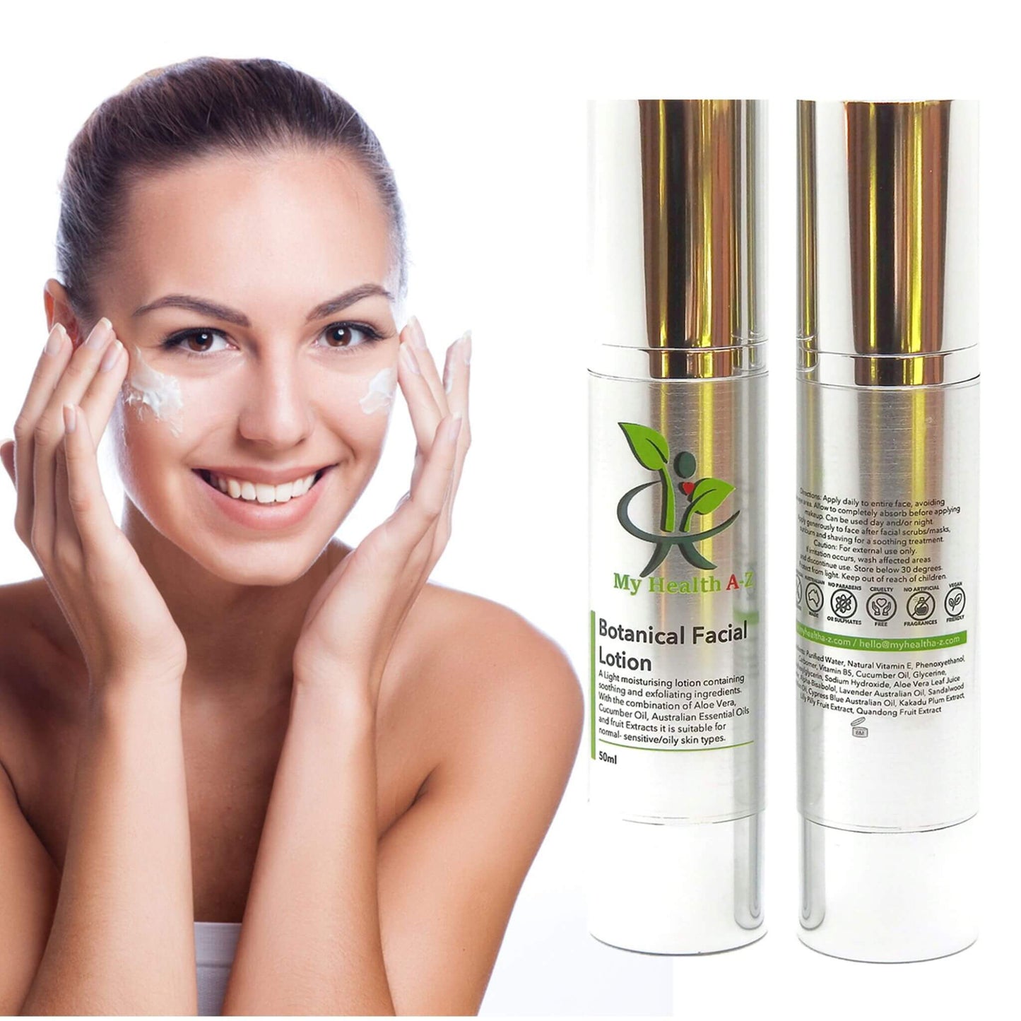 Woman applying cream to her face with two bottles of 'My Health A-Z' Botanical Facial Lotion in the background.