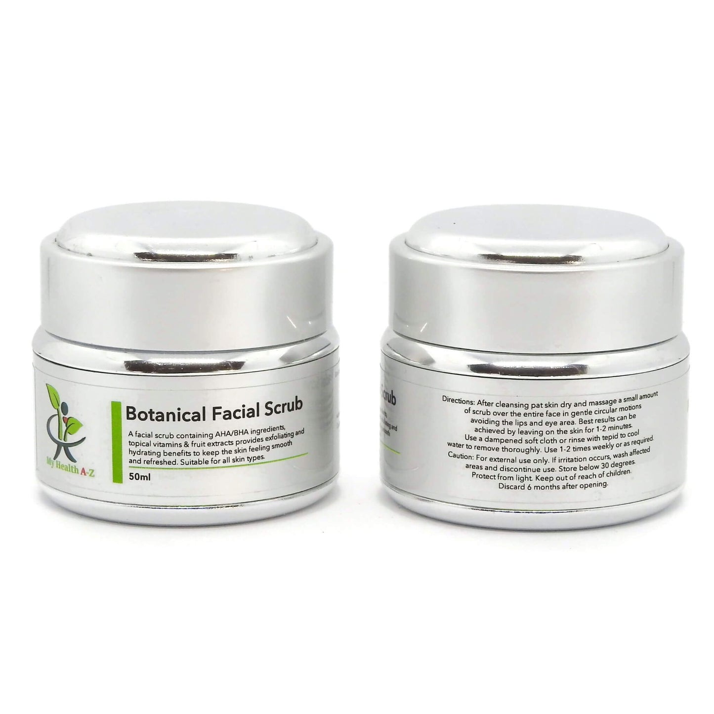 Two jars of Botanical Facial Scrub with labels on a white background