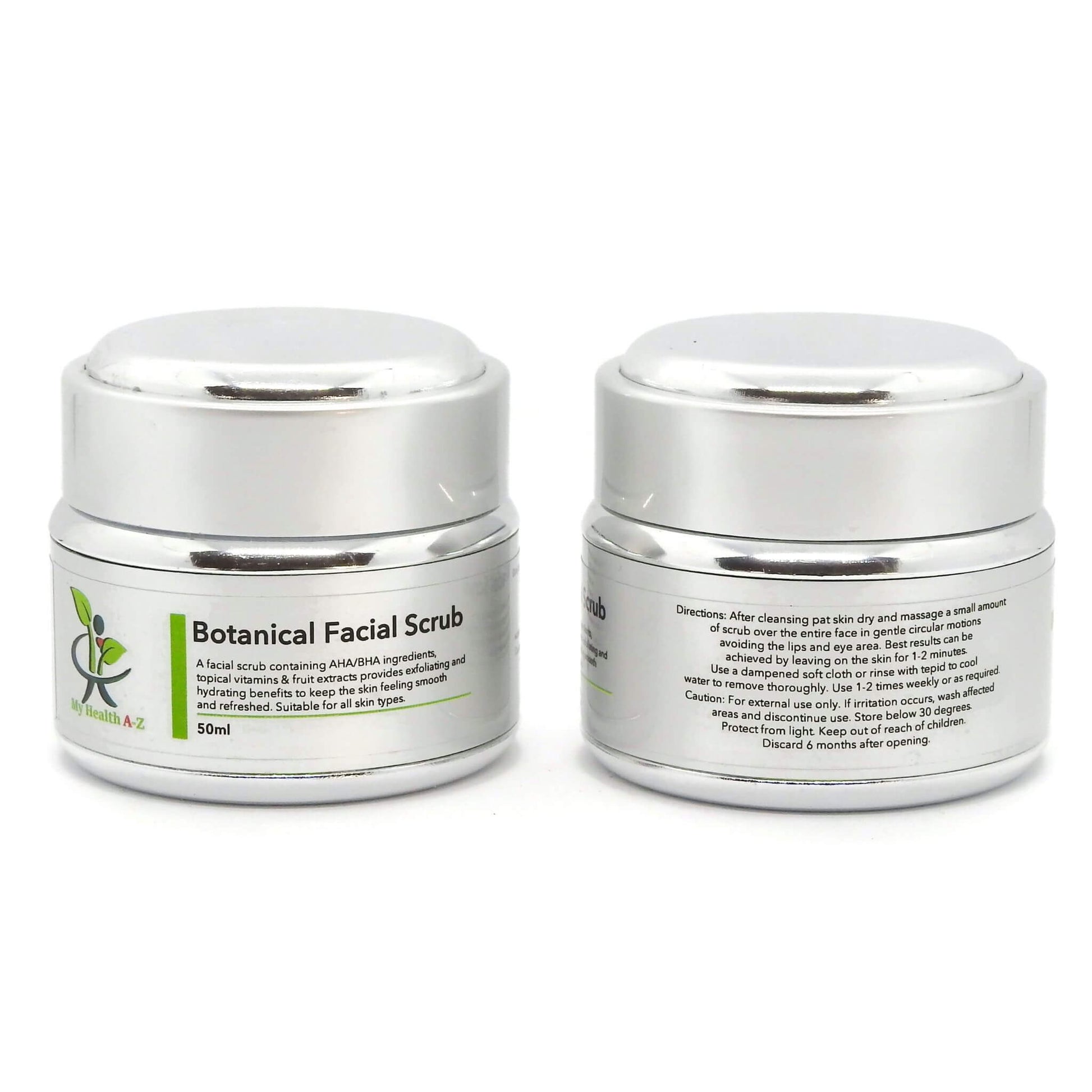 Two jars of Botanical Facial Scrub with labels on a white background