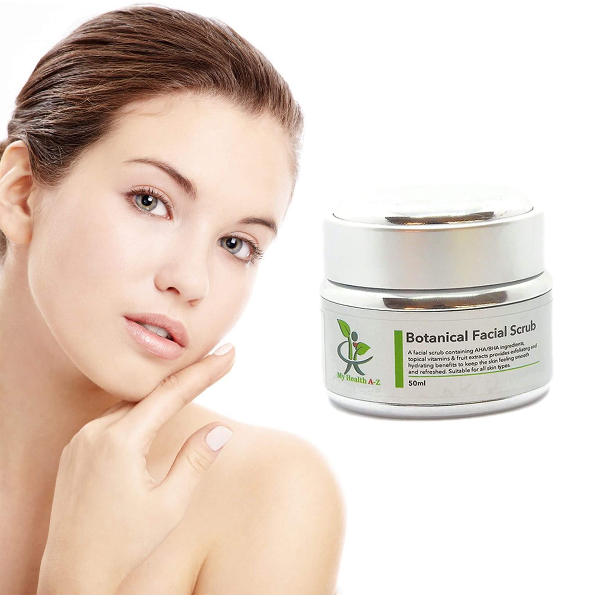 Woman with clean skin next to a jar of Botanical Facial Scrub on a white background