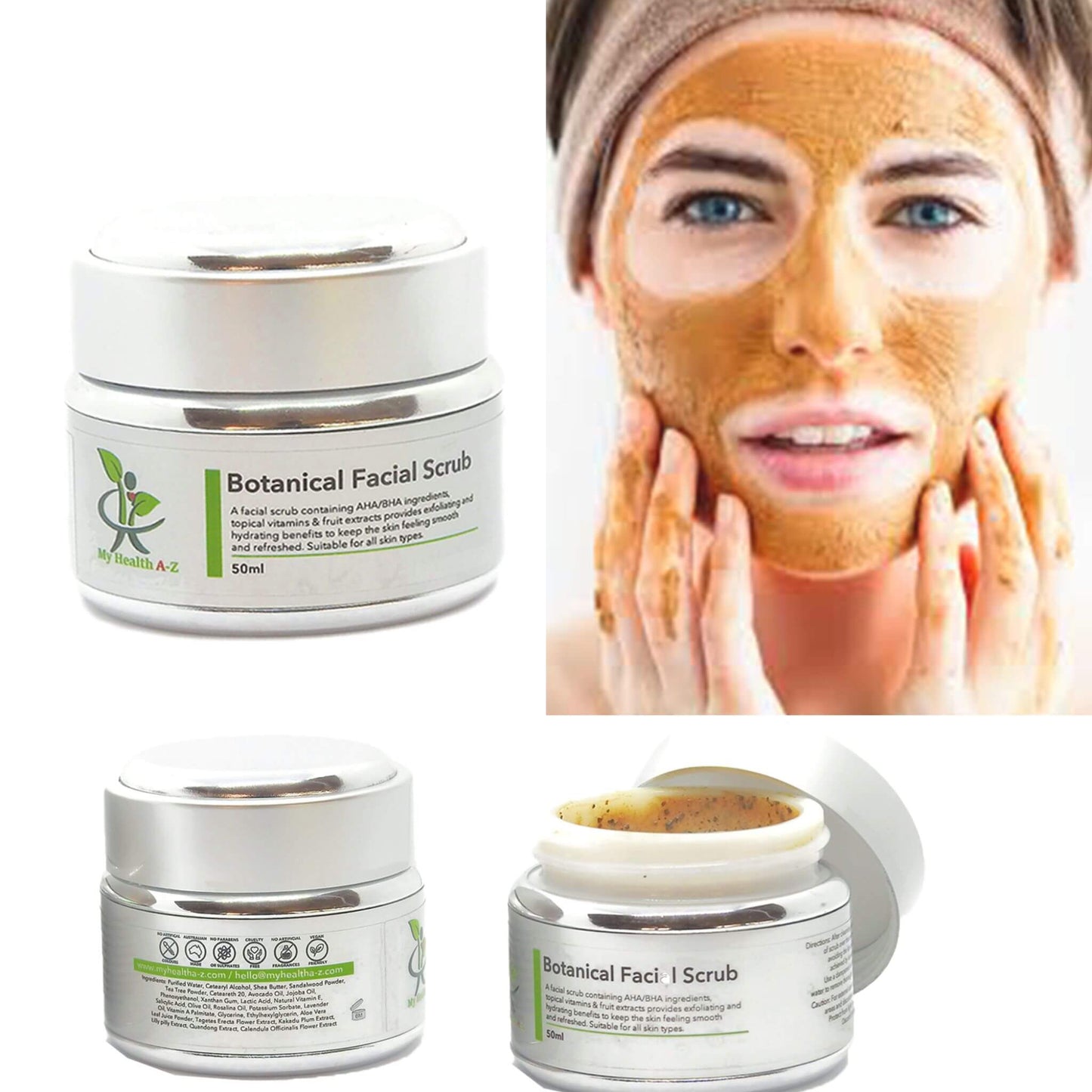 Botanical Facial Scrub with a woman applying it to her face on a white background