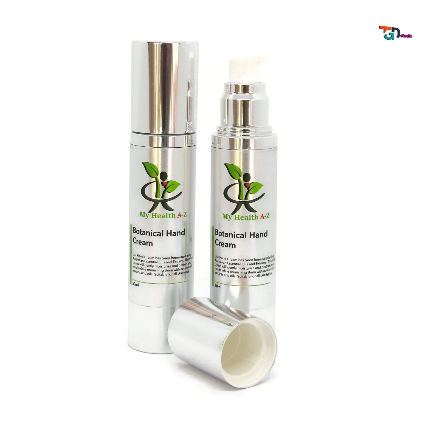 Two bottles of botanical hand cream one with open lid next to it