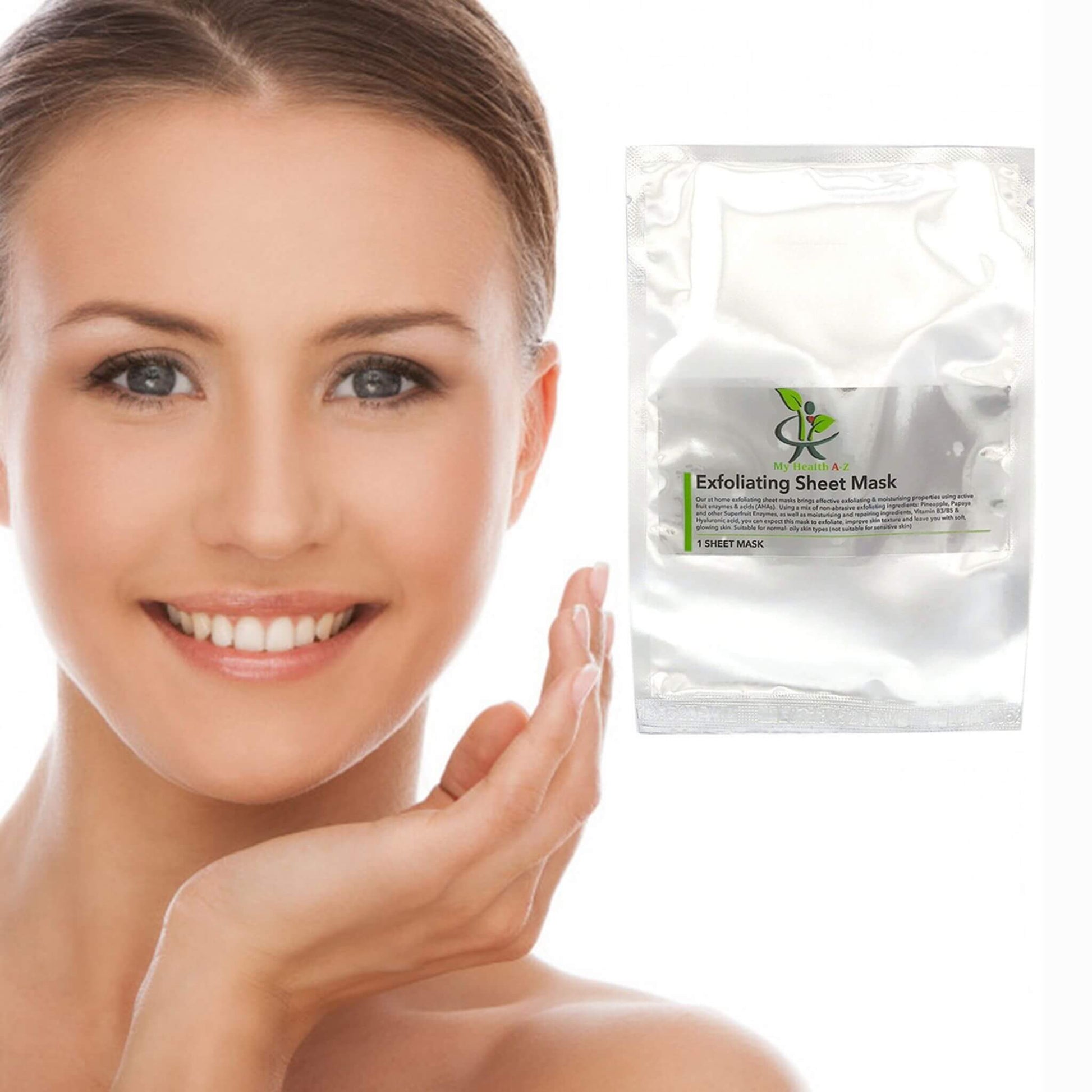 Woman with a clean face next to an Exfoliating Sheet Mask packaging on a white background