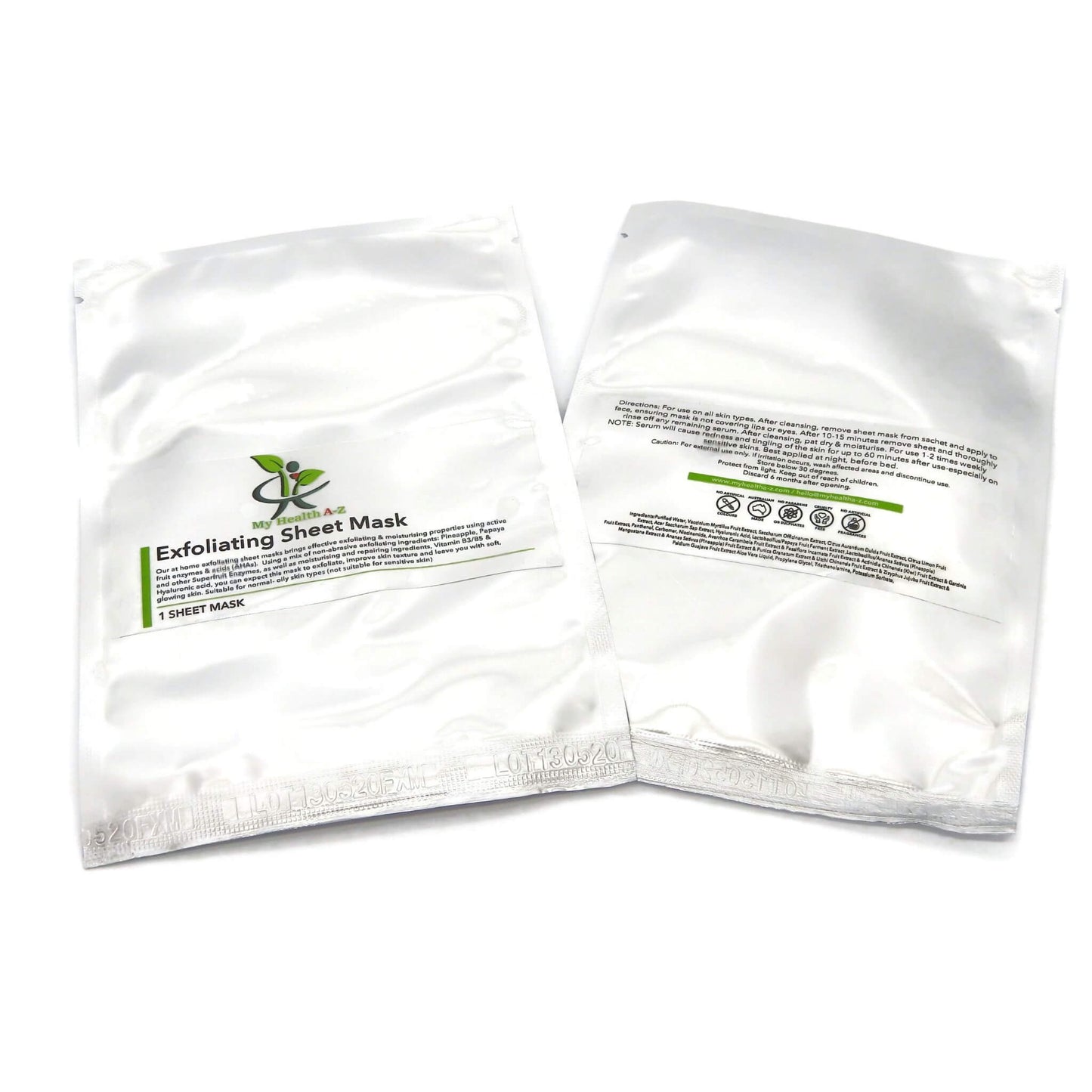 Exfoliating sheet mask packaging with branding on a white background