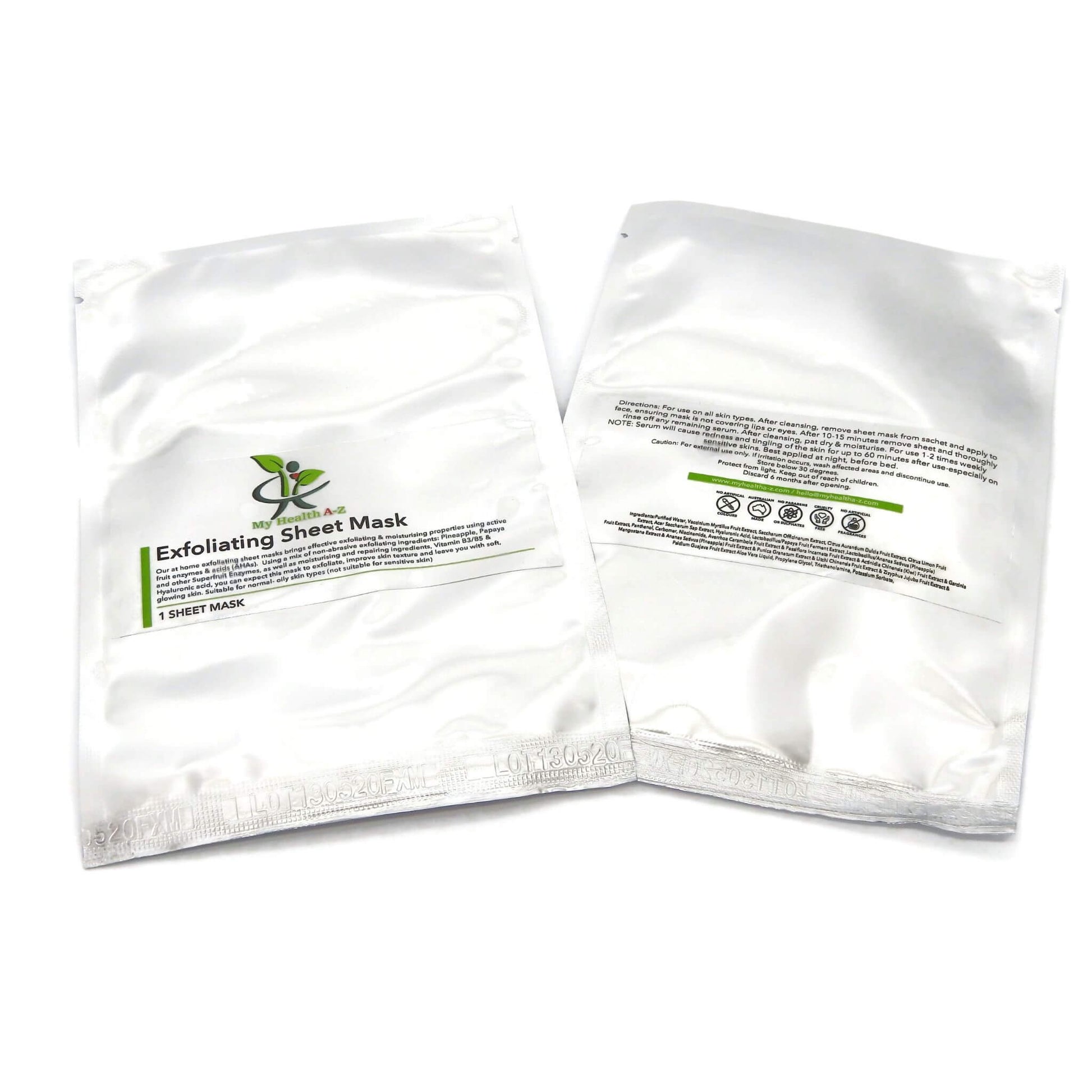 Exfoliating sheet mask packaging with branding on a white background