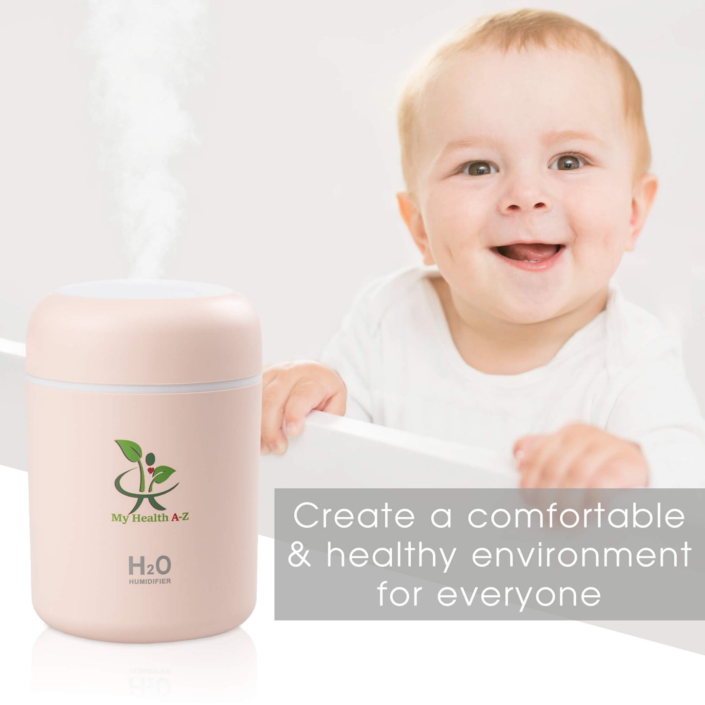 Baby with a pink USB Diffuser labeled 'My Health A-Z on a white background