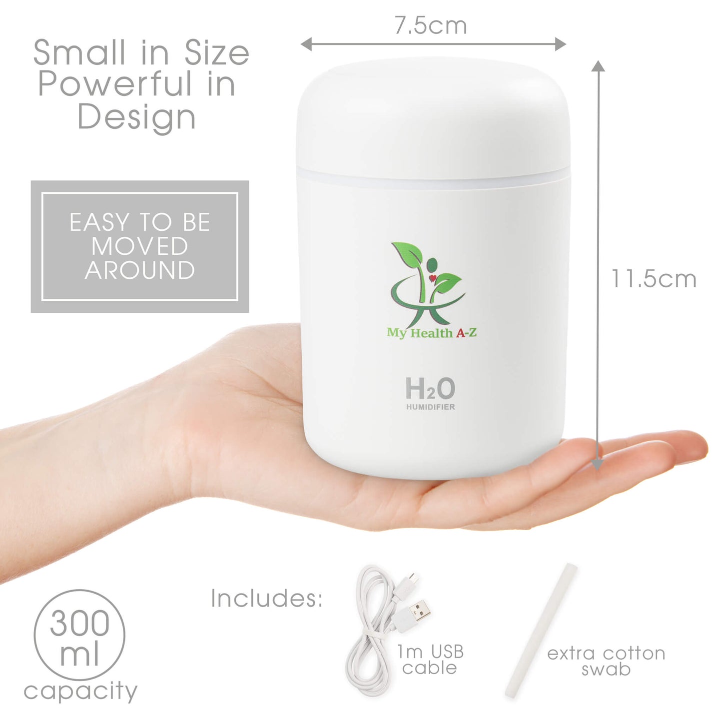 White USB Diffuser held in a hand with dimensions and features displayed