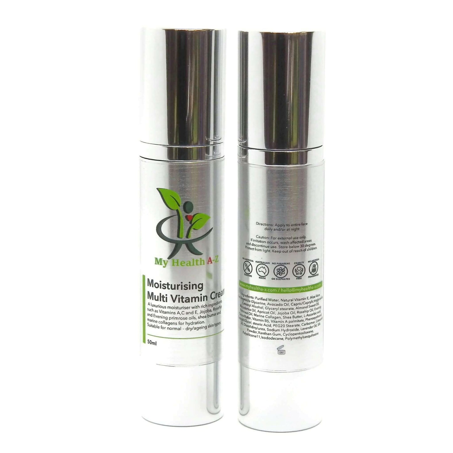 two Moisturising Multi-Vitamin Cream bottles front and rear view