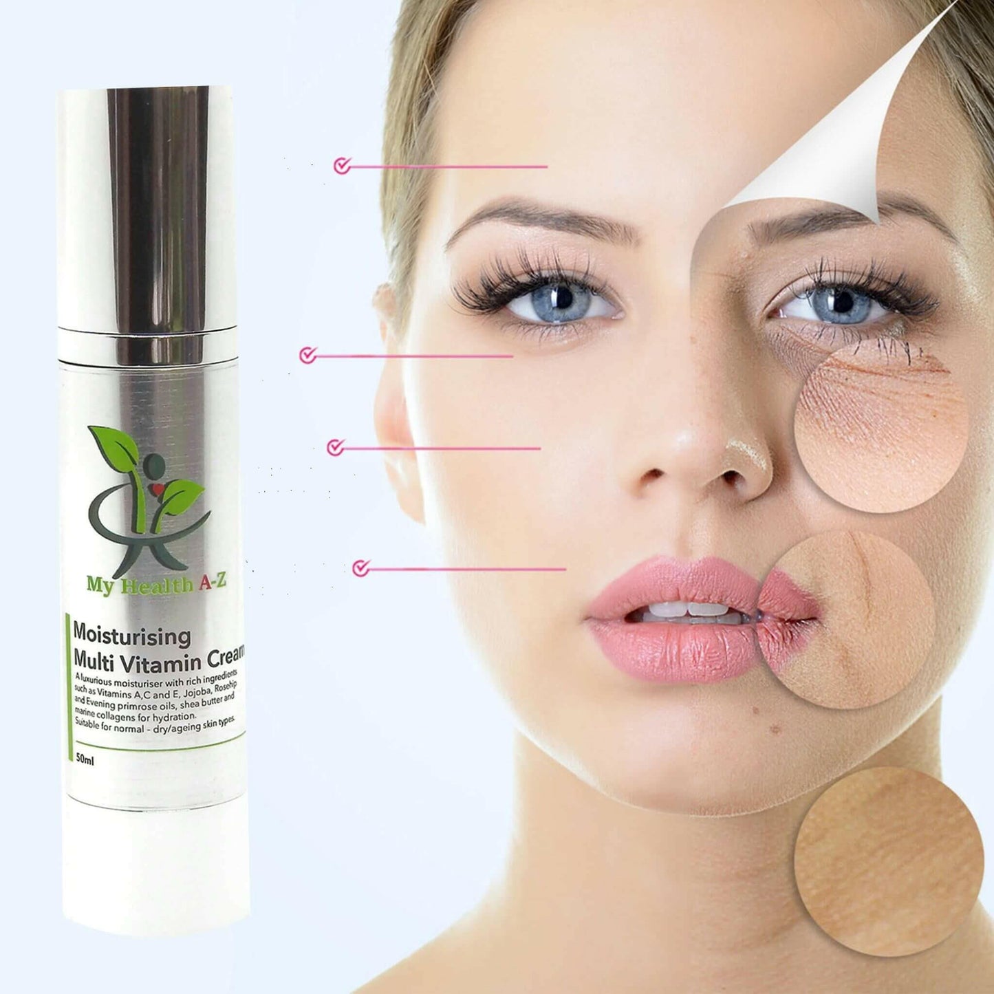 on the left Moisturising Multi-Vitamin Cream on the right a woman with different stages of wrinkles