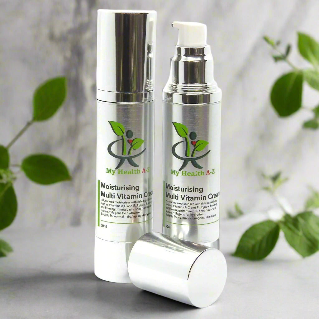 two Moisturising Multi-Vitamin Cream (50ml) one with lid the other without lid in front of bottle