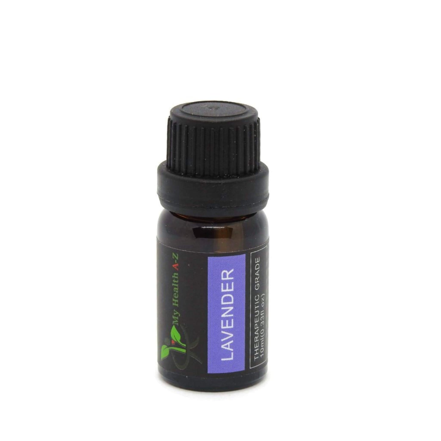 Lavender essential oil bottle with a black cap on a white background