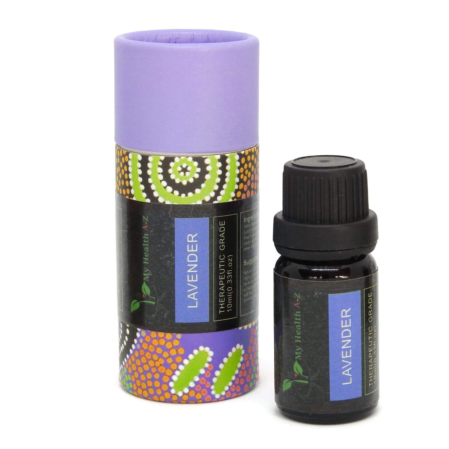 Lavender essential oil bottle and packaging on a white background