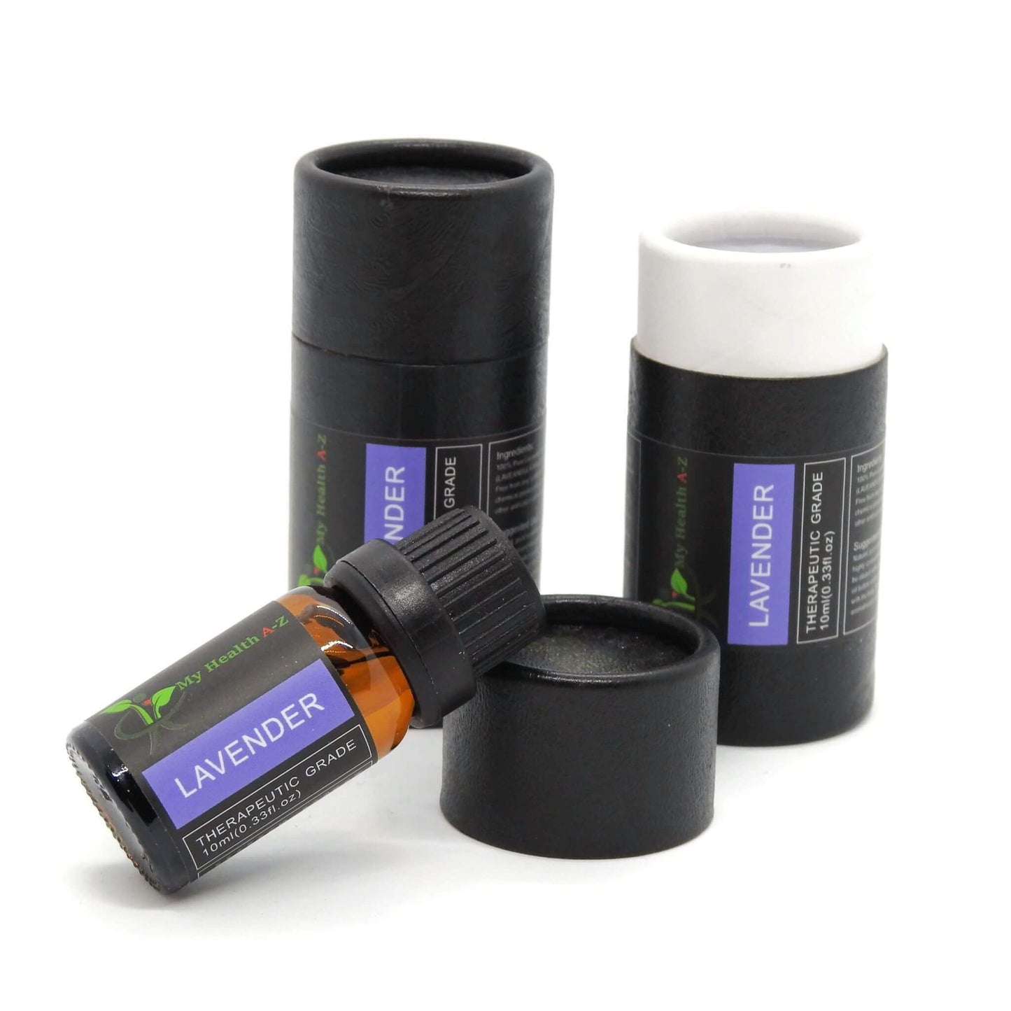 Lavender essential oil bottle with black cap and black cylindrical container on a white background