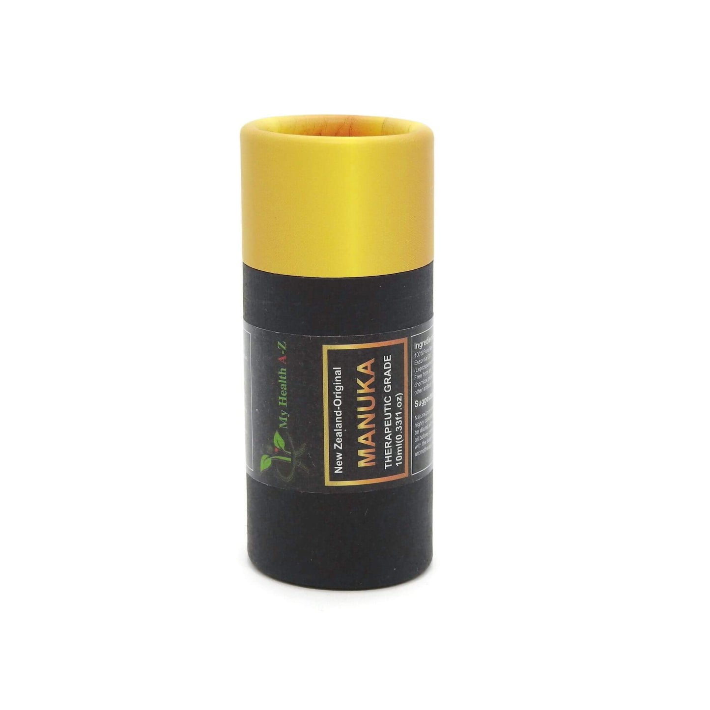 Black and yellow cylindrical container with branding on a white background