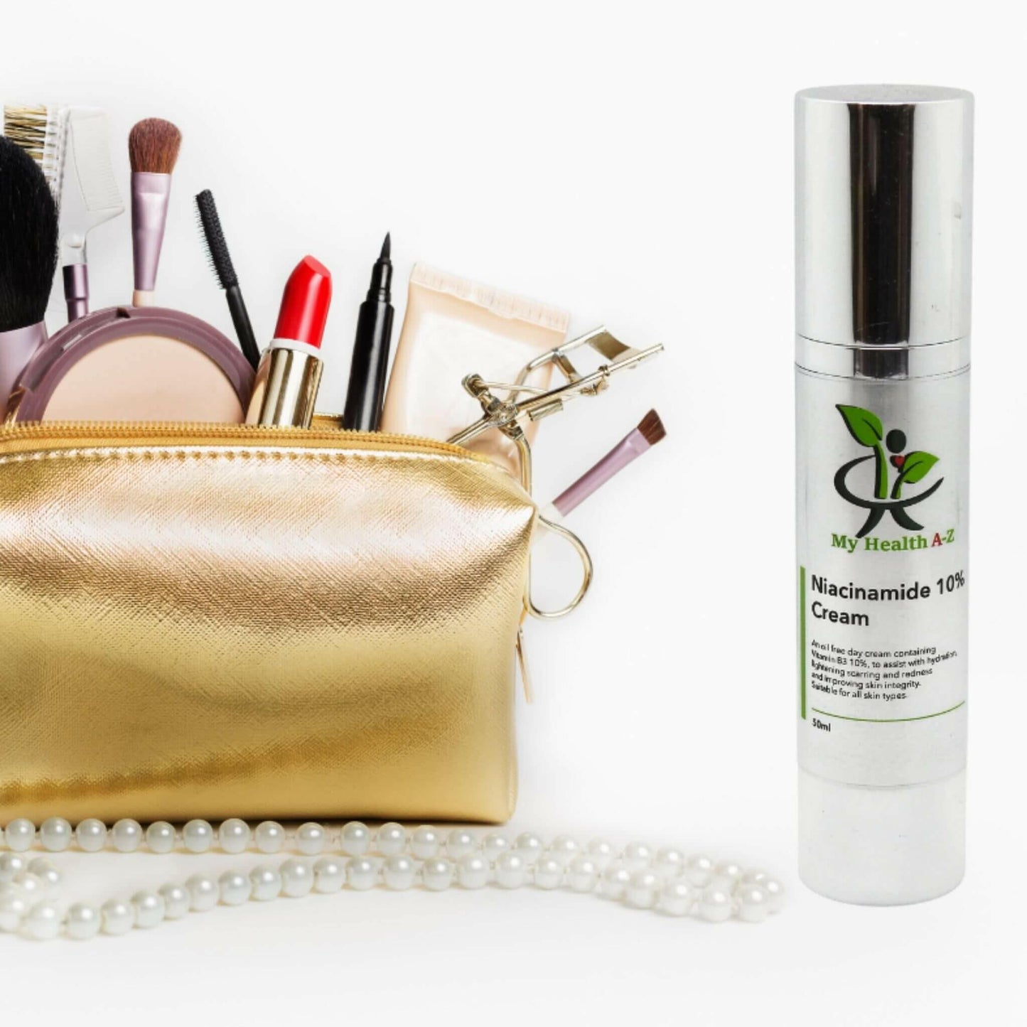 cosmetic bag and perl necklace in front and a bottle of Niacinamide 10% Cream on the right