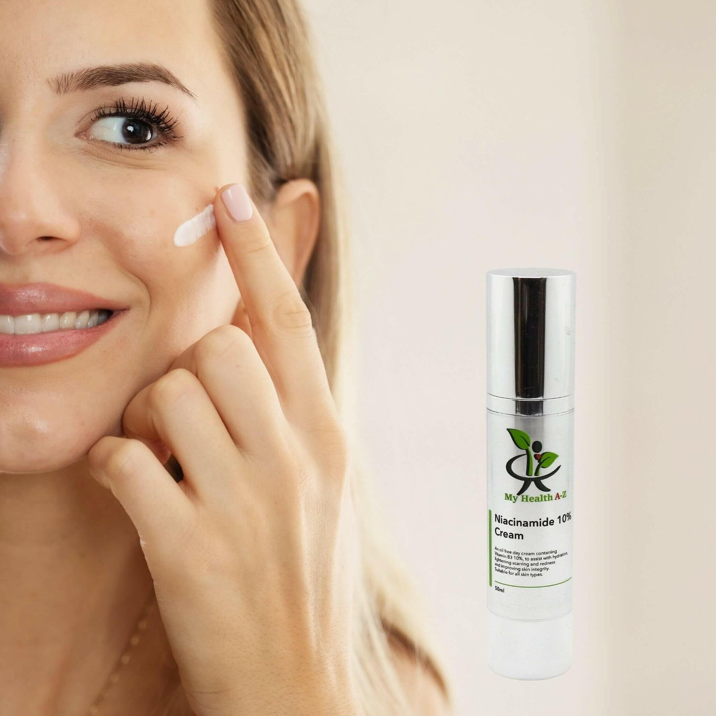 woman applying Niacinamide 10% Cream and a bottle on the right side