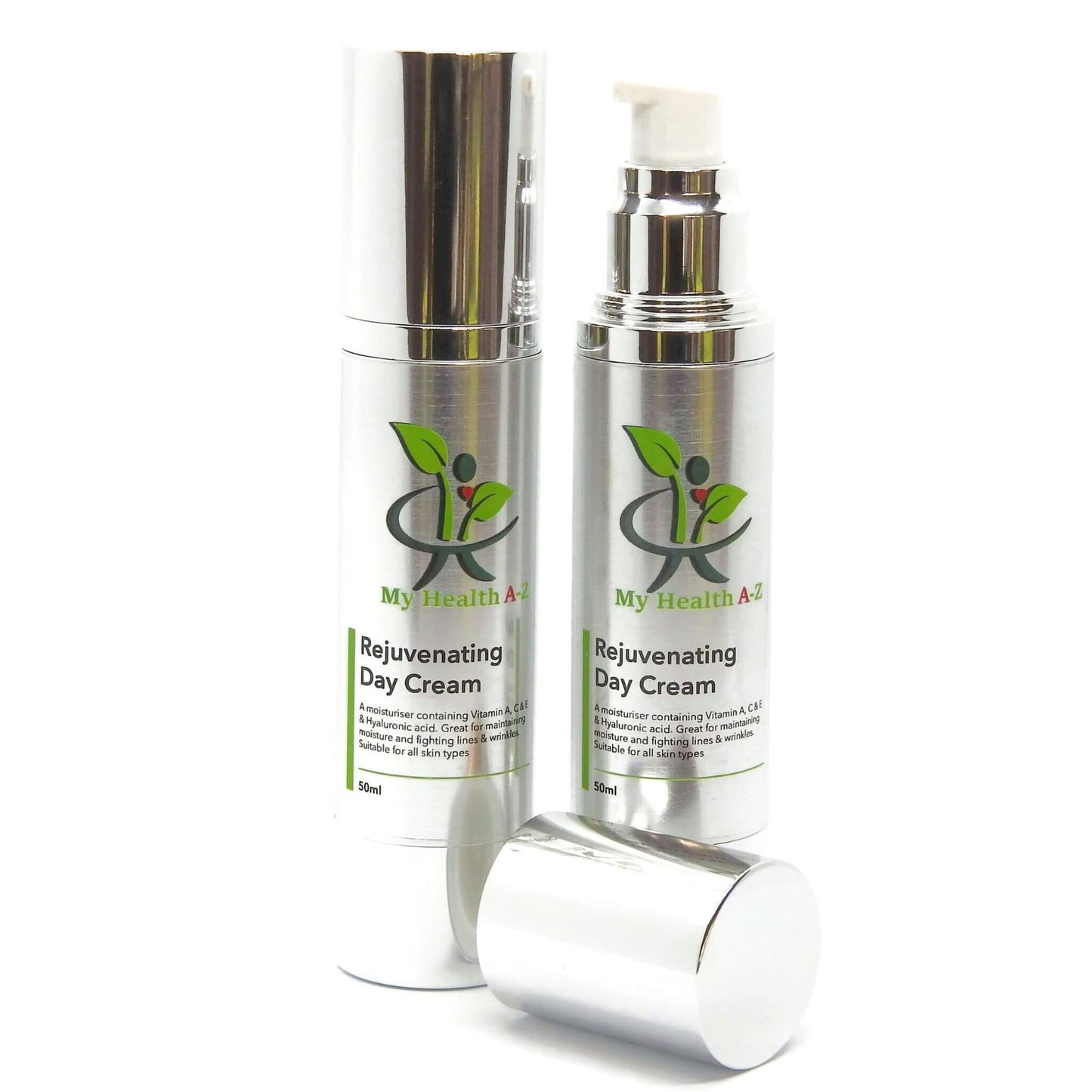 Two bottles of 'My Health A-Z' Rejuvenating Day Cream on a white background
