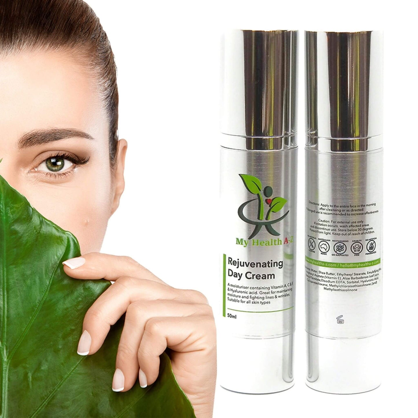 Woman holding a leaf next to two bottles of MyHealthA Rejuvenating Day Cream on a white background