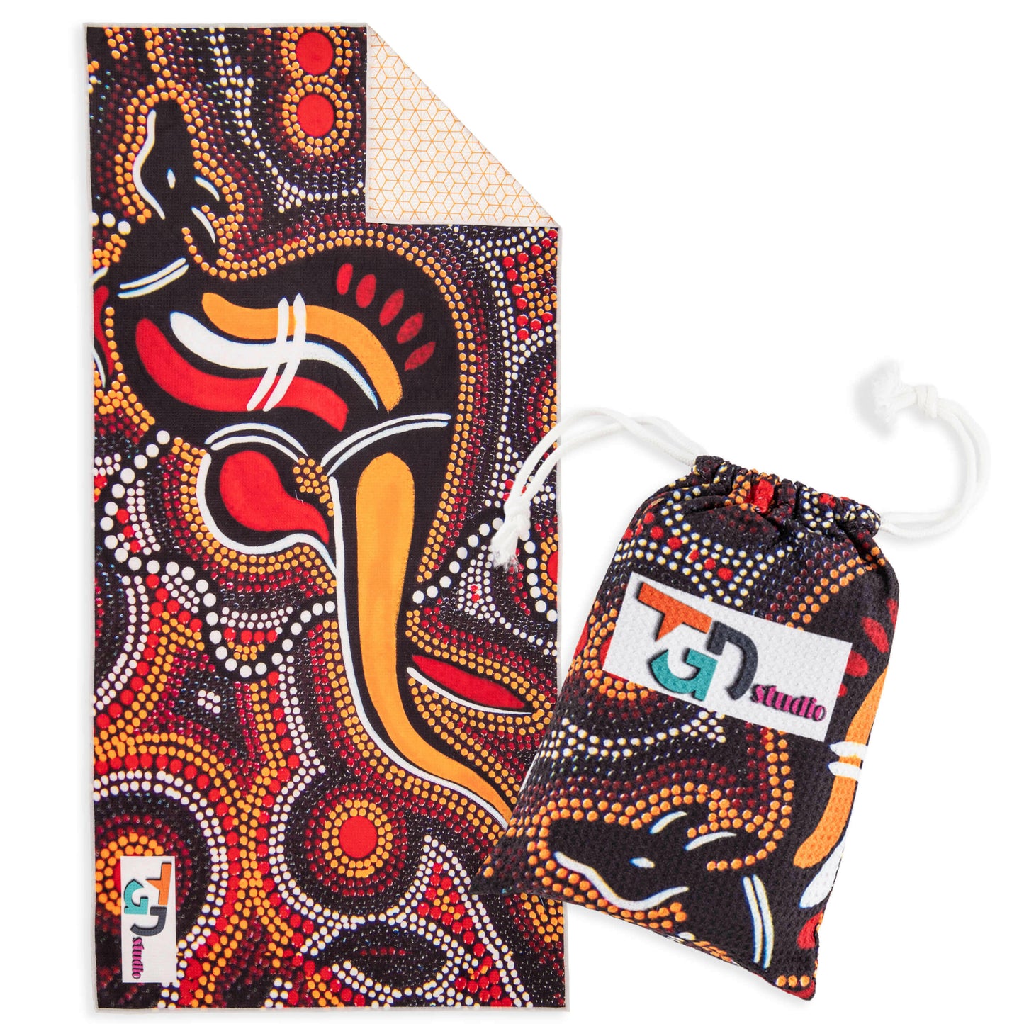 Sand-Free Beach Towel with Aboriginal Dot Kangaroo Design with carry bag