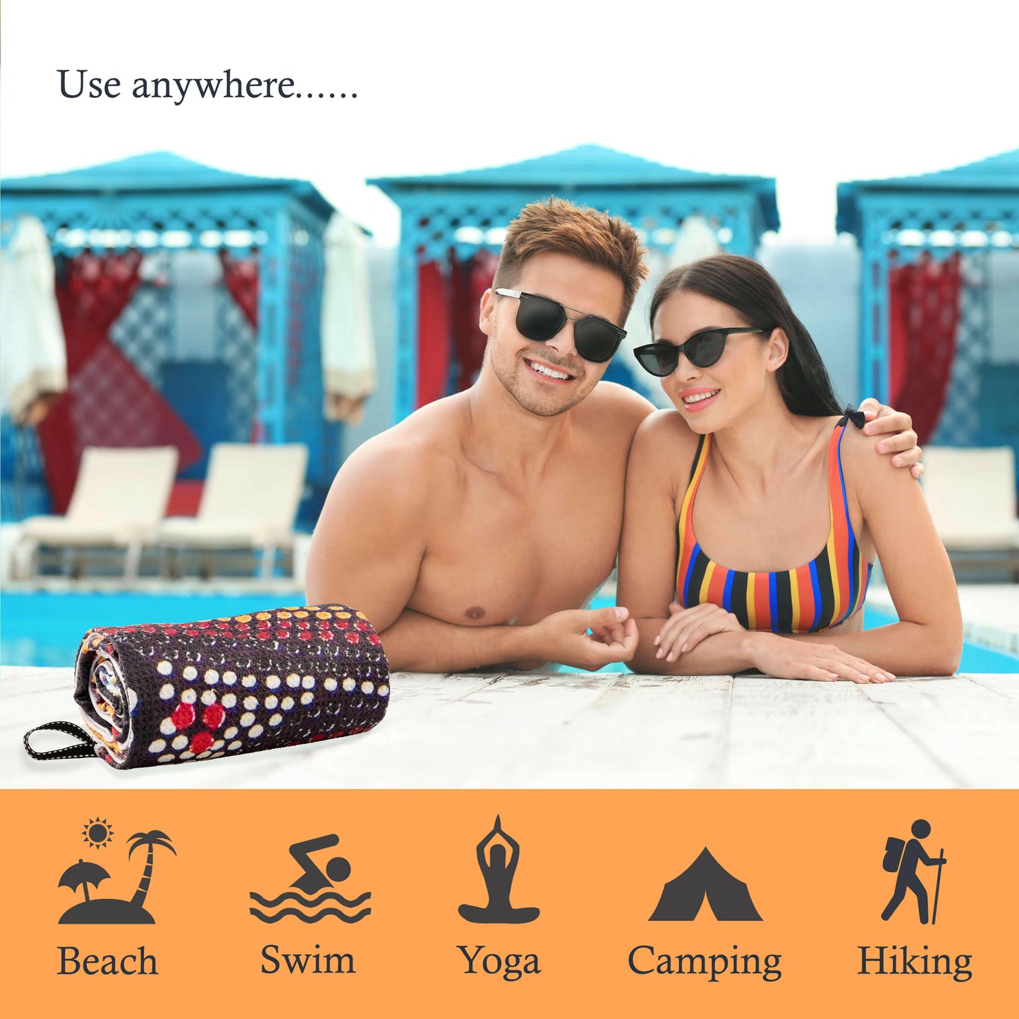 Sand-Free Beach Towel with Aboriginal Dot Kangaroo Design used around a pool