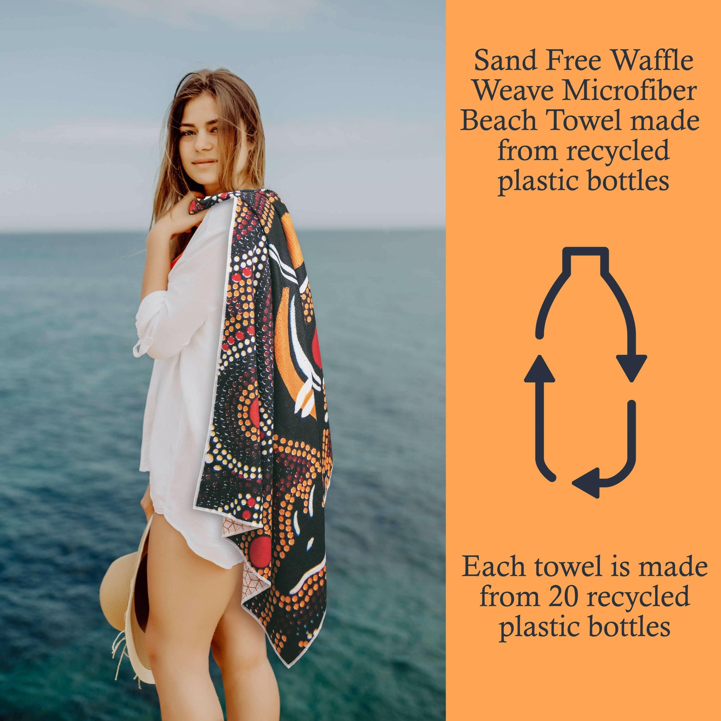 Sand-Free Beach Towel with Aboriginal Dot Kangaroo Design made from 20 plastic bottles