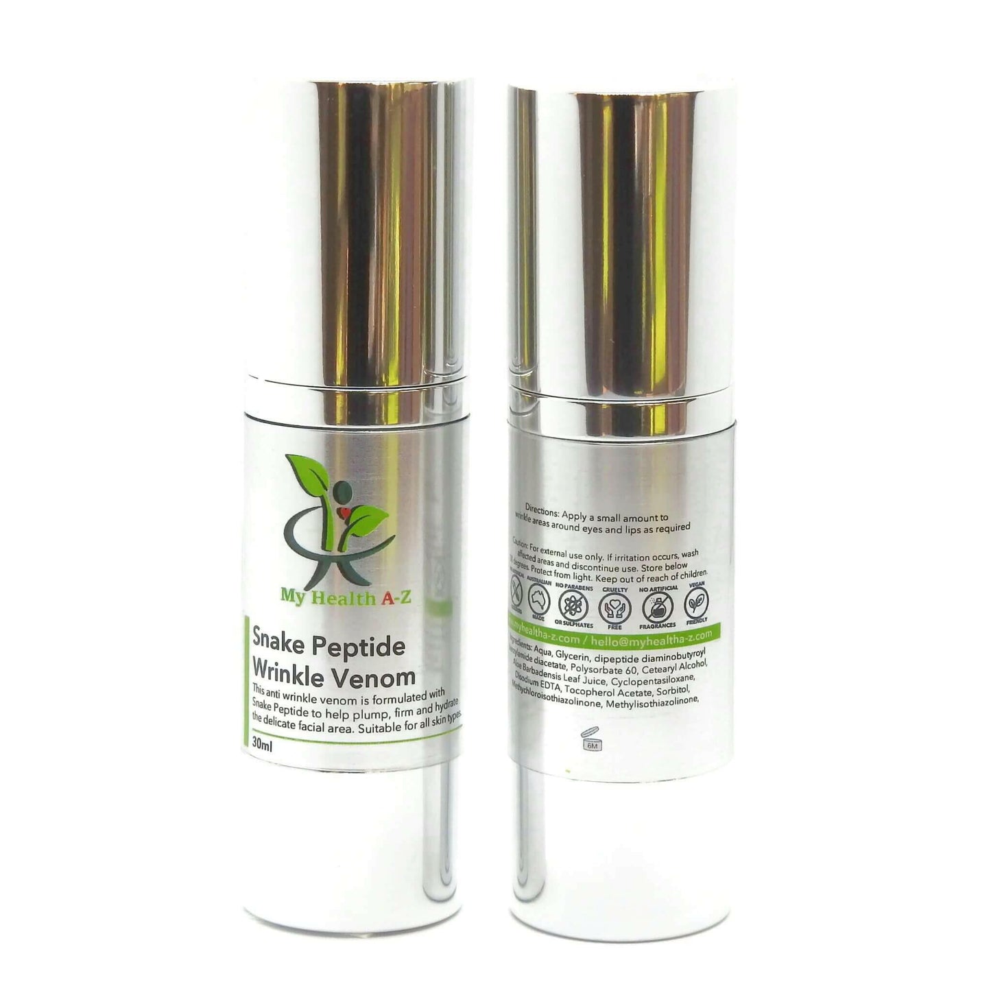 Snake Peptide Wrinkle Venom two airless pump bottle front and rear view