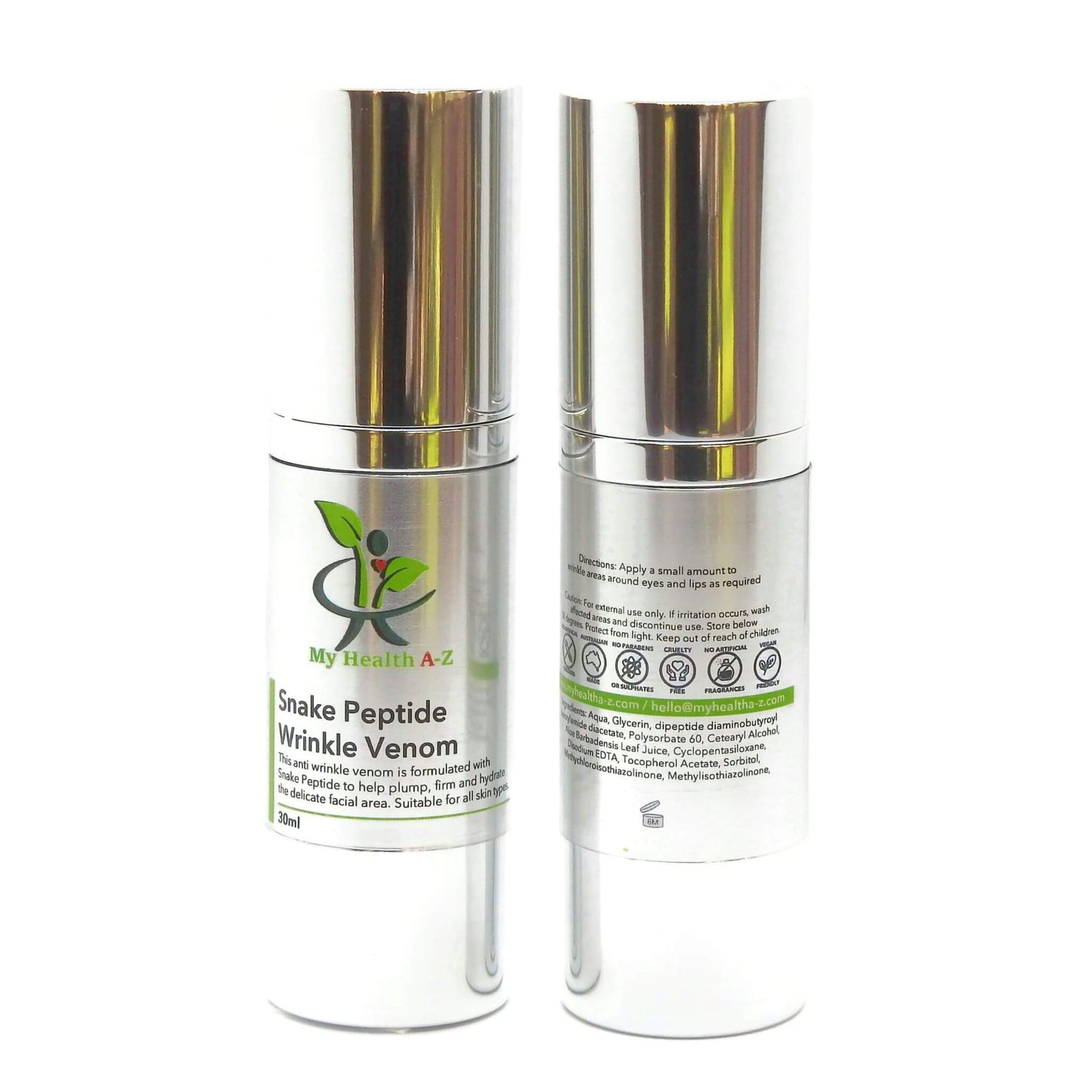 Two skincare bottles labeled 'Snake Peptide Wrinkle Venom' on a white background