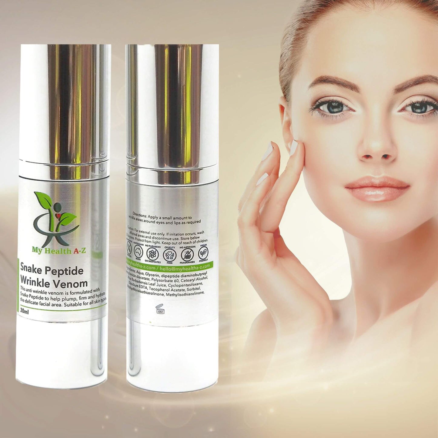 Two skincare product bottles with a woman touching her face on a beige background