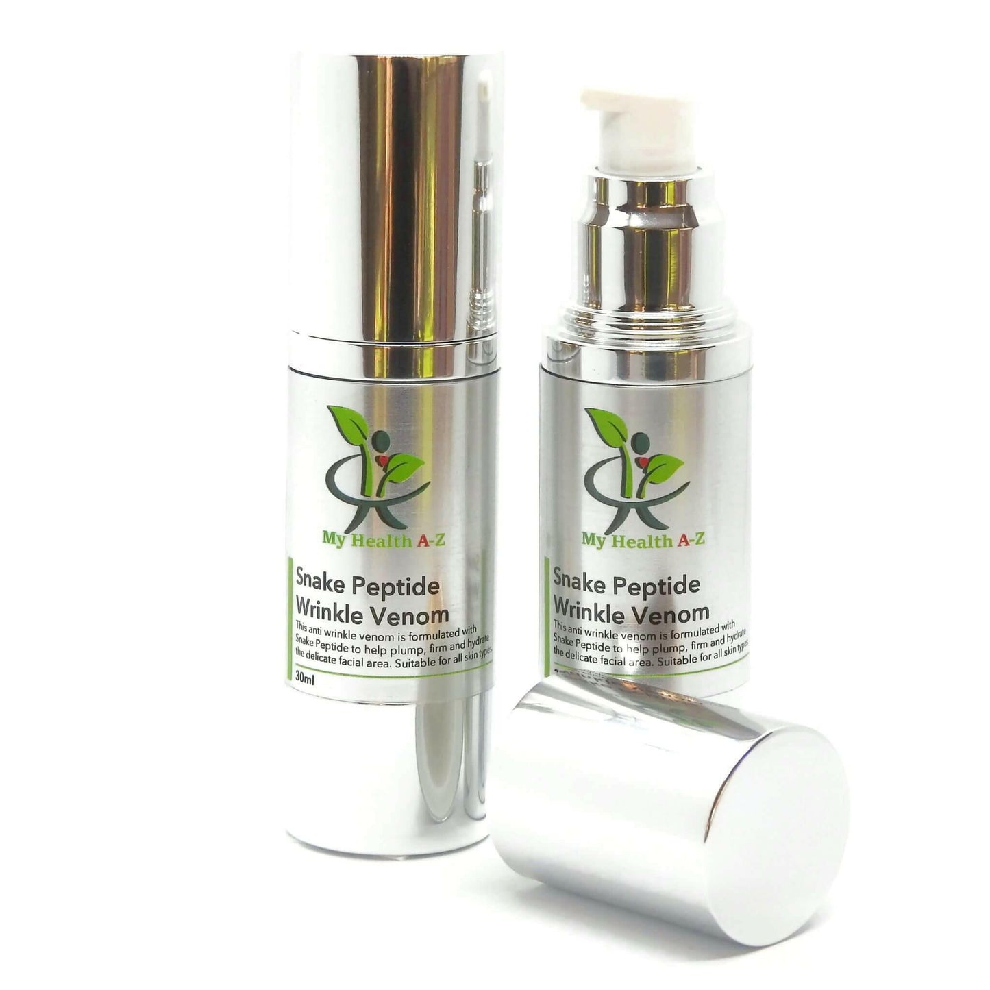 Snake Peptide Wrinkle Venom one airless pump bottle closed and one opened and lid at the front