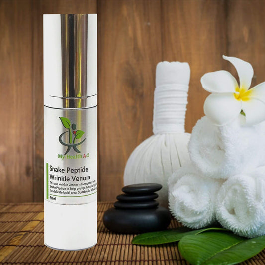 snake peptide wrinkle venom bottle with towels next to it