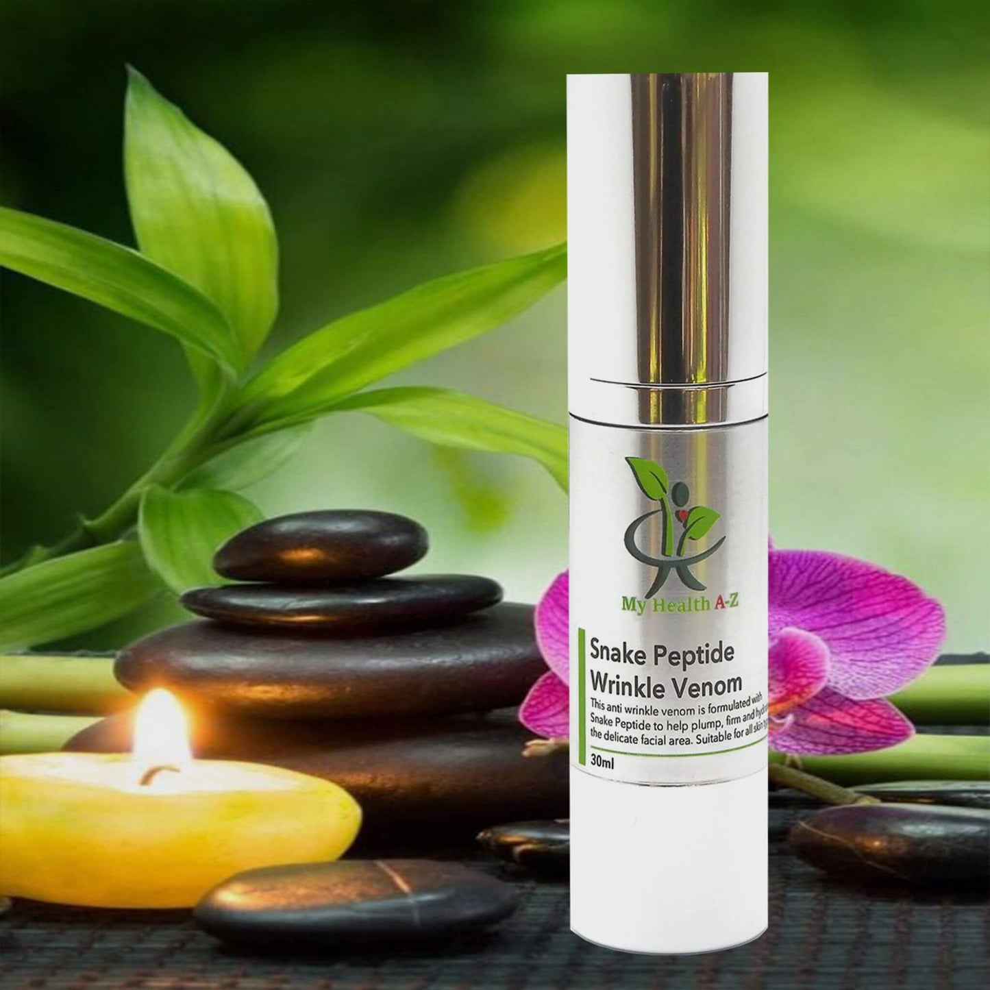 Snake Peptide Wrinkle Venom with a candle, brown stones and a pink flower in the background green leafs