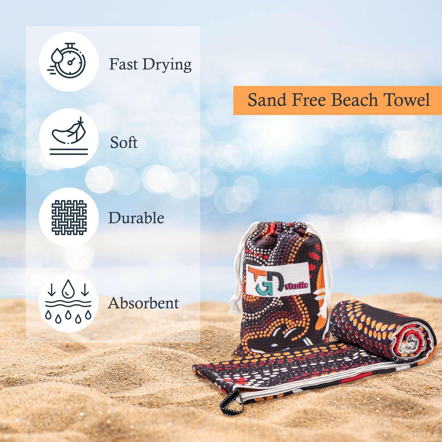 Sand-Free Beach Towel with Aboriginal Dot Kangaroo Design lightweight