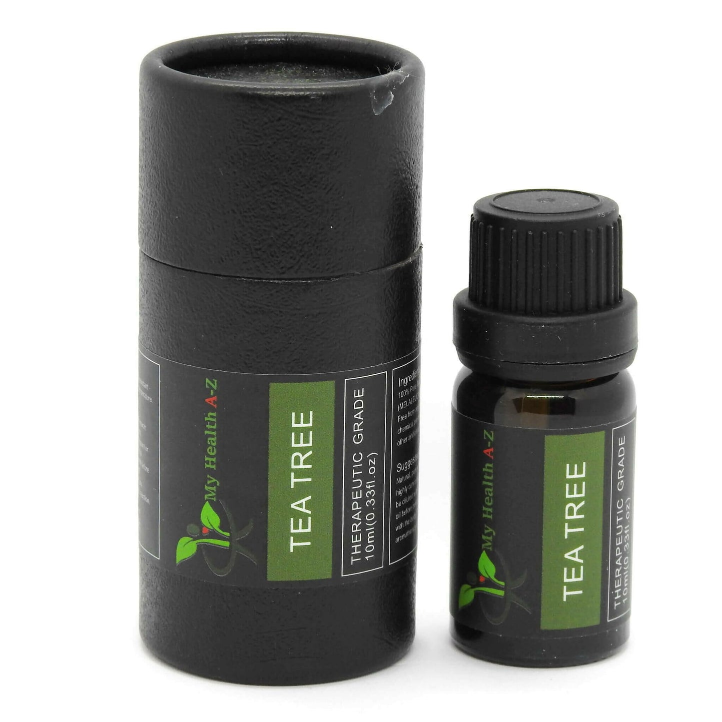 black closed cylinder next to it a 10ml bottle of tea tree essential oil