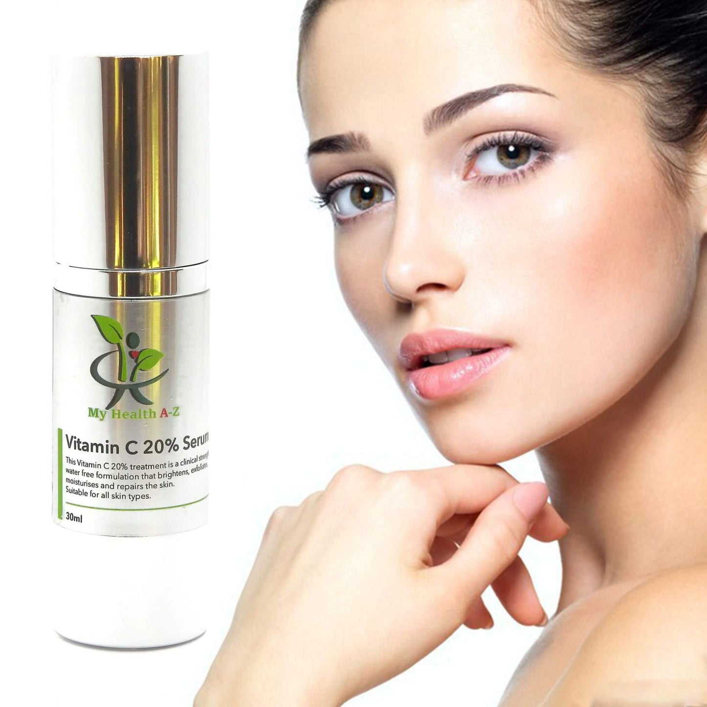 Vitamin C serum bottle with a woman's face in the background